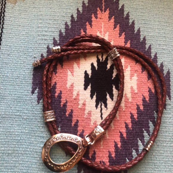 Vintage leather woven belt with brass accents. (BO7) main image 13